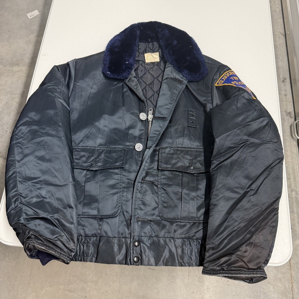 vintage 70s Tuffy Jac Police Jacket Mens Navy Blue Gloucester NJ Bomber Talon